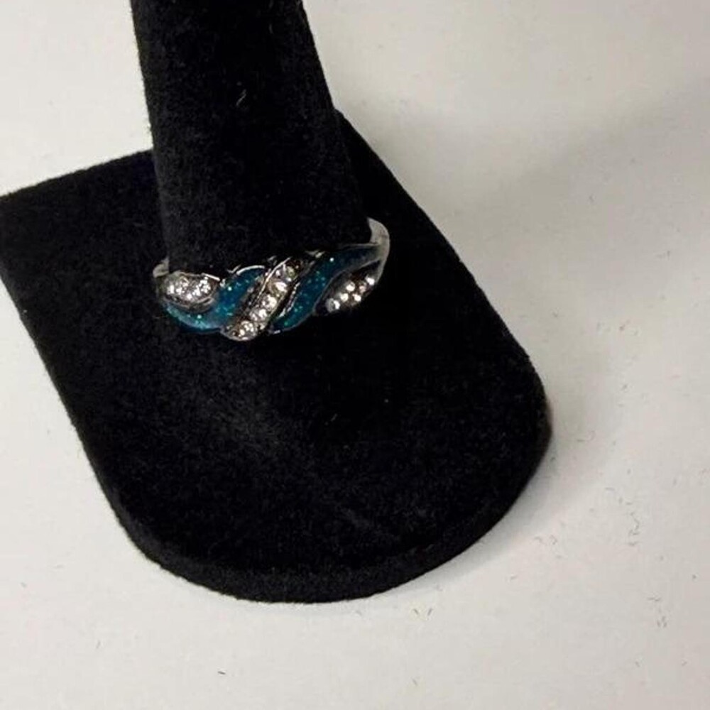 Vintage Blue Teal Enamel Diamond Wave Bypass Ring Size 8